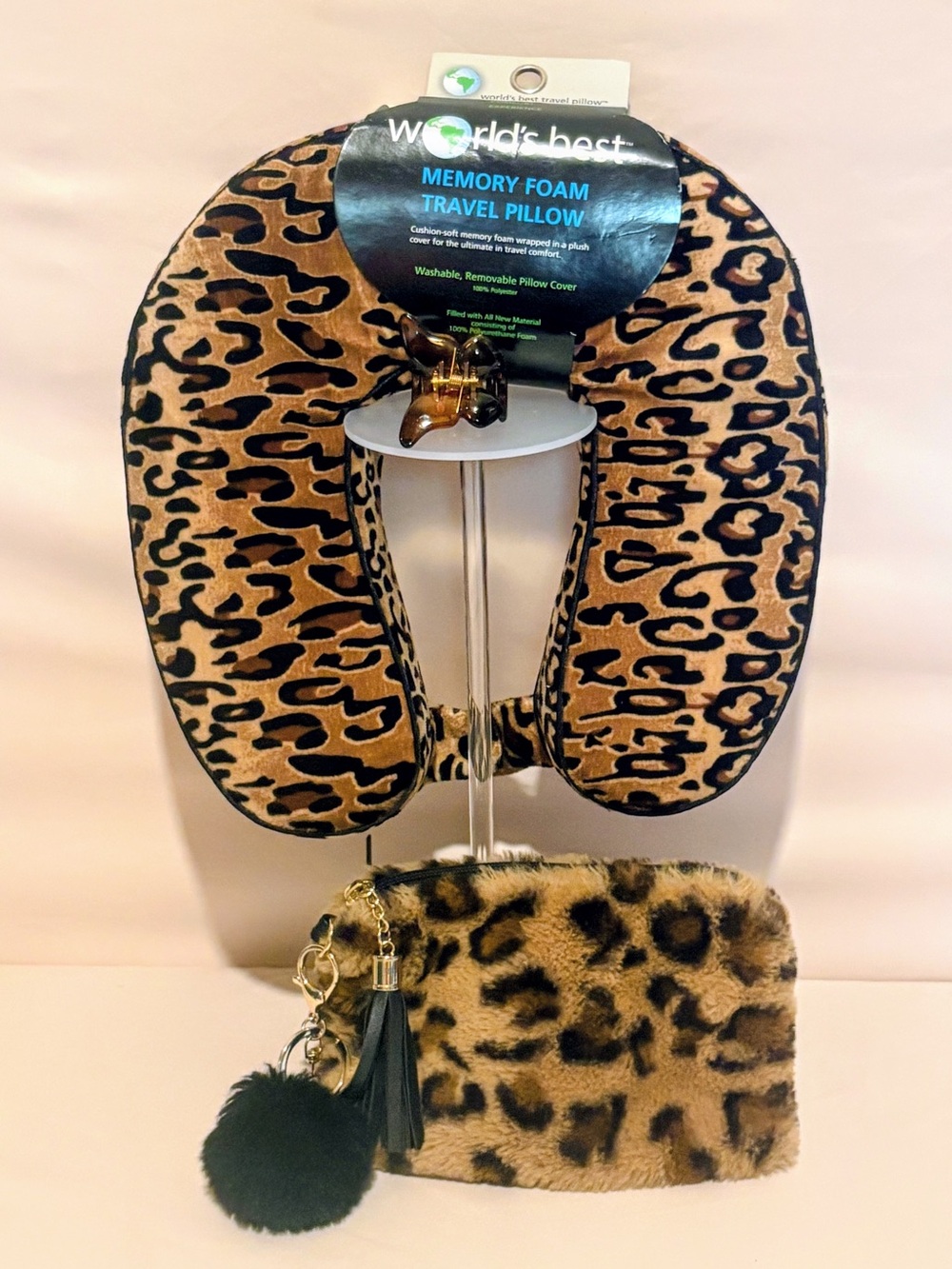 Leopard Print Neck Pillow & Faux Fur Bag Set